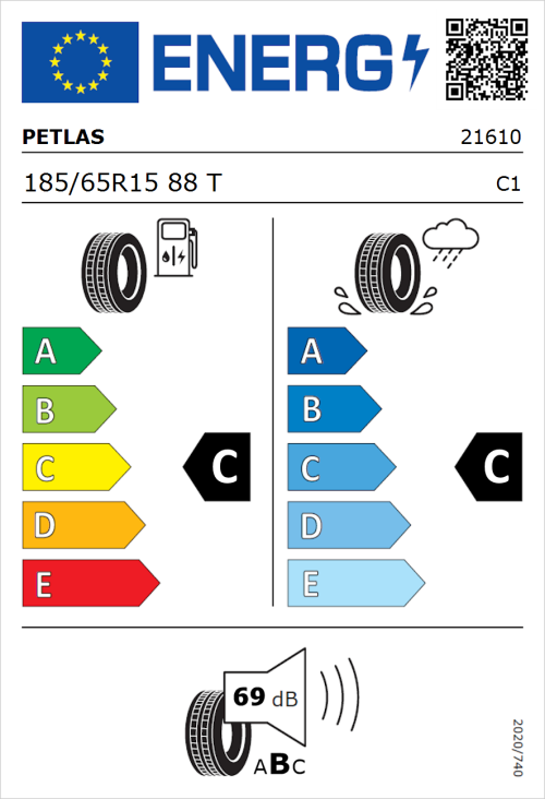 Tyre Label for Petlas Progreen PT525 185/65R15 88T