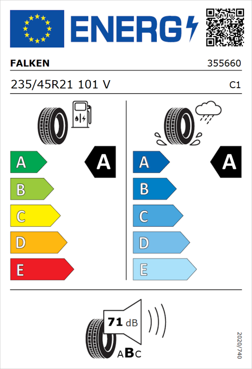 Tyre Label for Falken E.Ziex 235/45R21 101V
