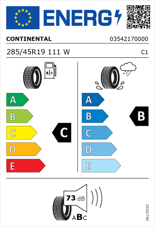 Tyre Label for Continental ContiSportContact 5 SSR 285/45R19 111W